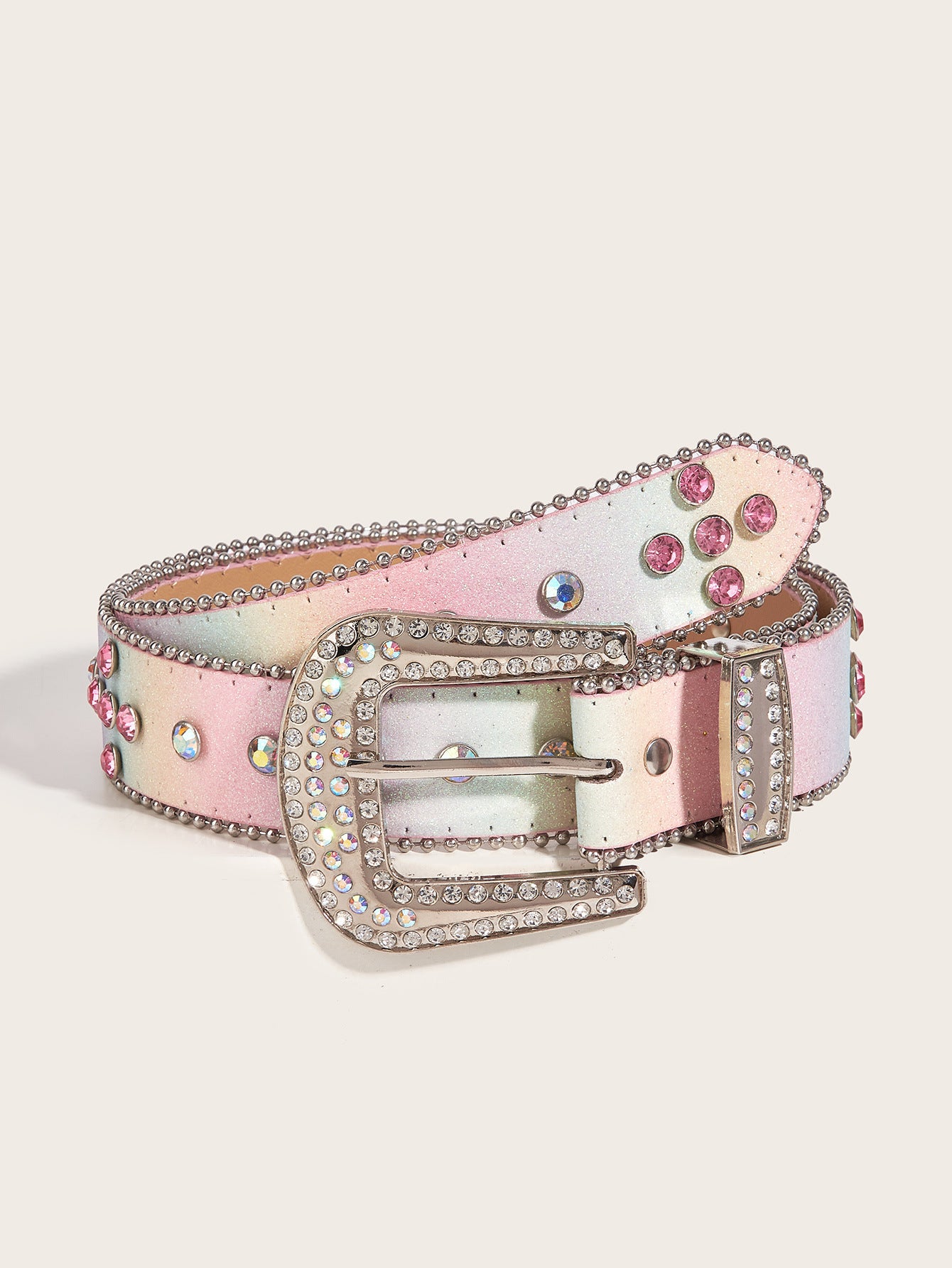 Female Sequined PU Leather Belt with Rhinestone Buckle 105cm