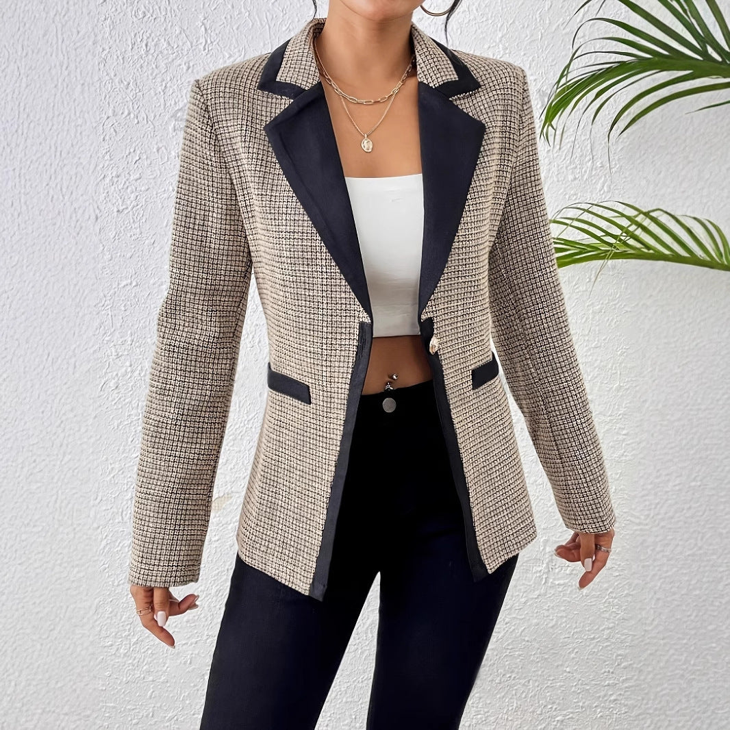 Graceful Fashionable Apricot Plaid Houndstooth Suit Jacket for Women
