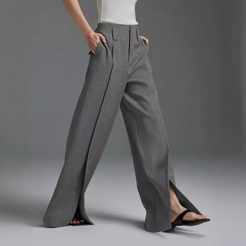 Silver Gray High Waist Wide-Leg Suit Pants for Women
