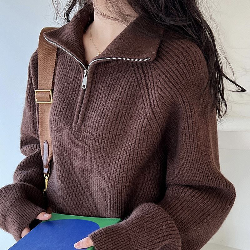 Fashion Zipper And Lapel Sweater For Women