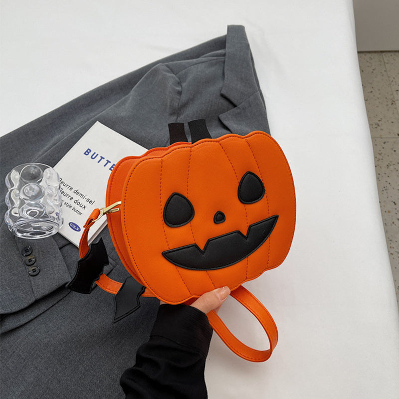 Funny Pumpkin Cartoon PU Shoulder Crossbody Bag with Bat Design for Women