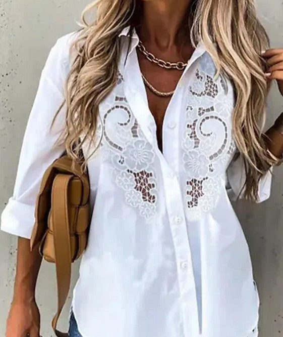 Casual White Lace Flower Embroidered Long-Sleeve Shirt