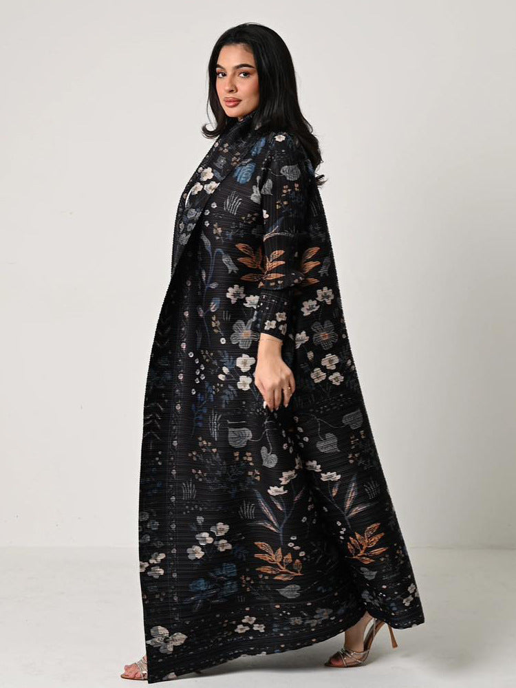 Pleated Print Cardigan Long Coat Arabic Robe Plus Size