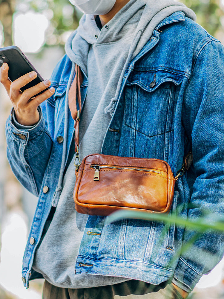Young Men's Handmade Genuine Leather Crossbody Bag