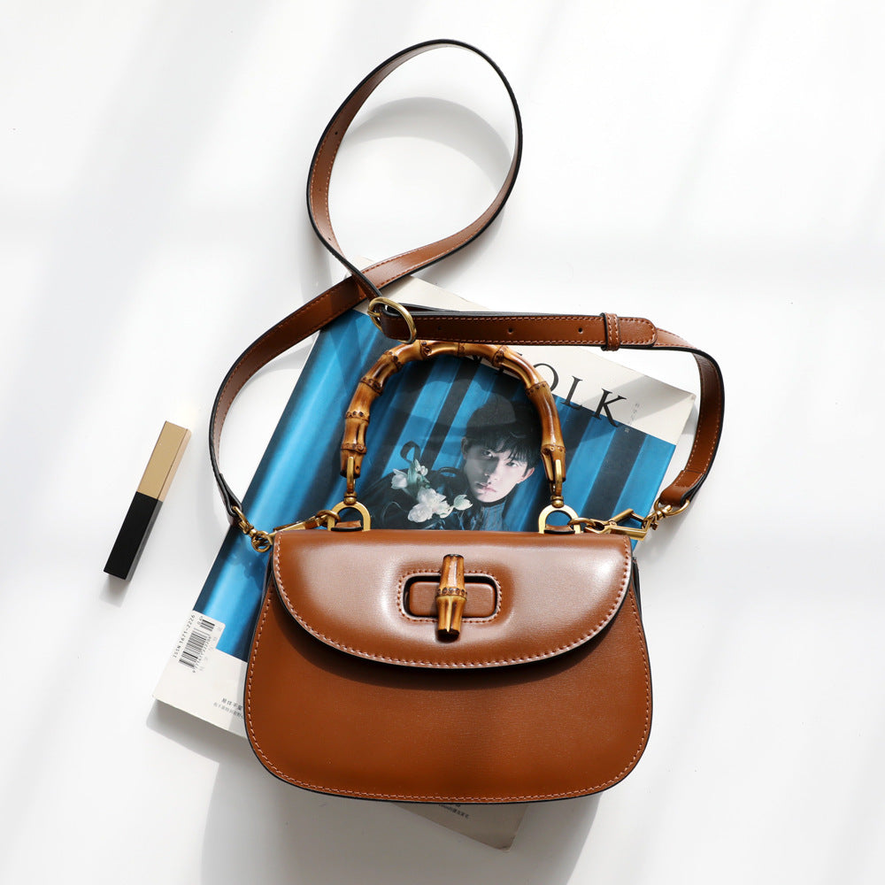 Retro Bamboo Saddle Leather One Shoulder Handbag 22x13x5cm