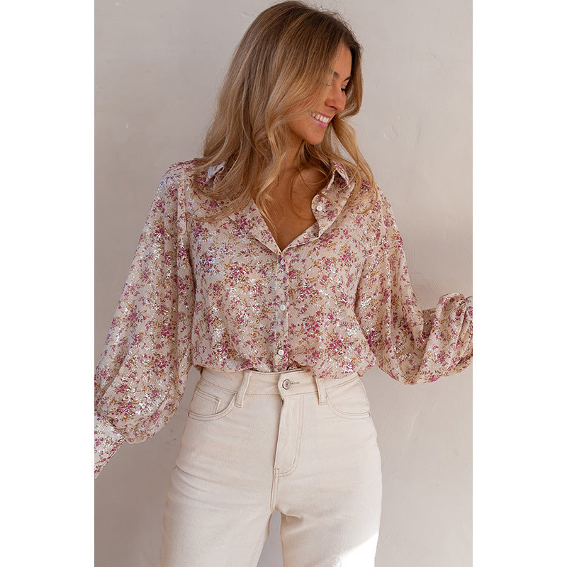 Fashion Women's Single Row Multi-Buckle Shirt with Floral Print