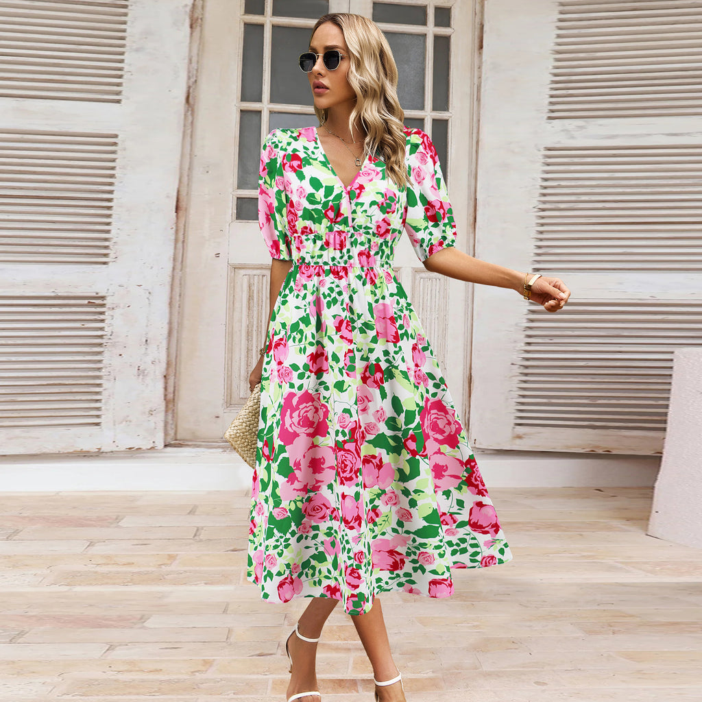 Robe d'été femme col en V imprimé floral bohème avec manches bouffantes