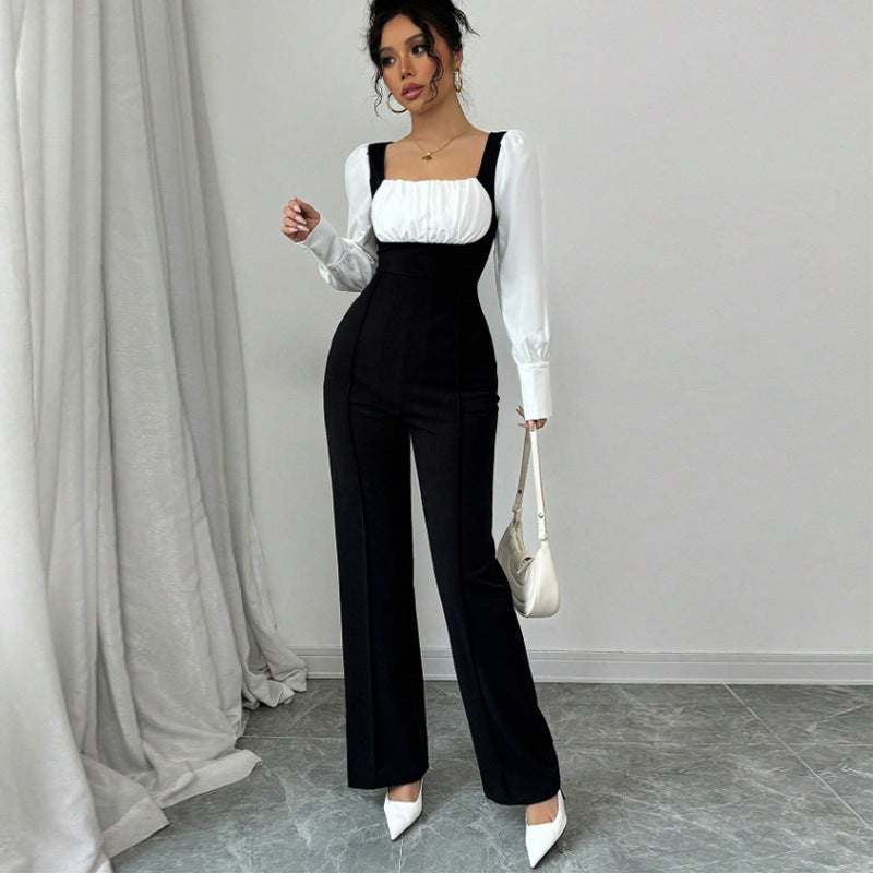 Combinaison pantalon bicolore noir et blanc à manches longues