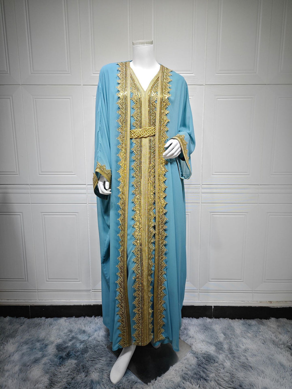 فستان إسلامي من الشيفون الأزرق السماوي مع حزام، مقاسات S-XXL
