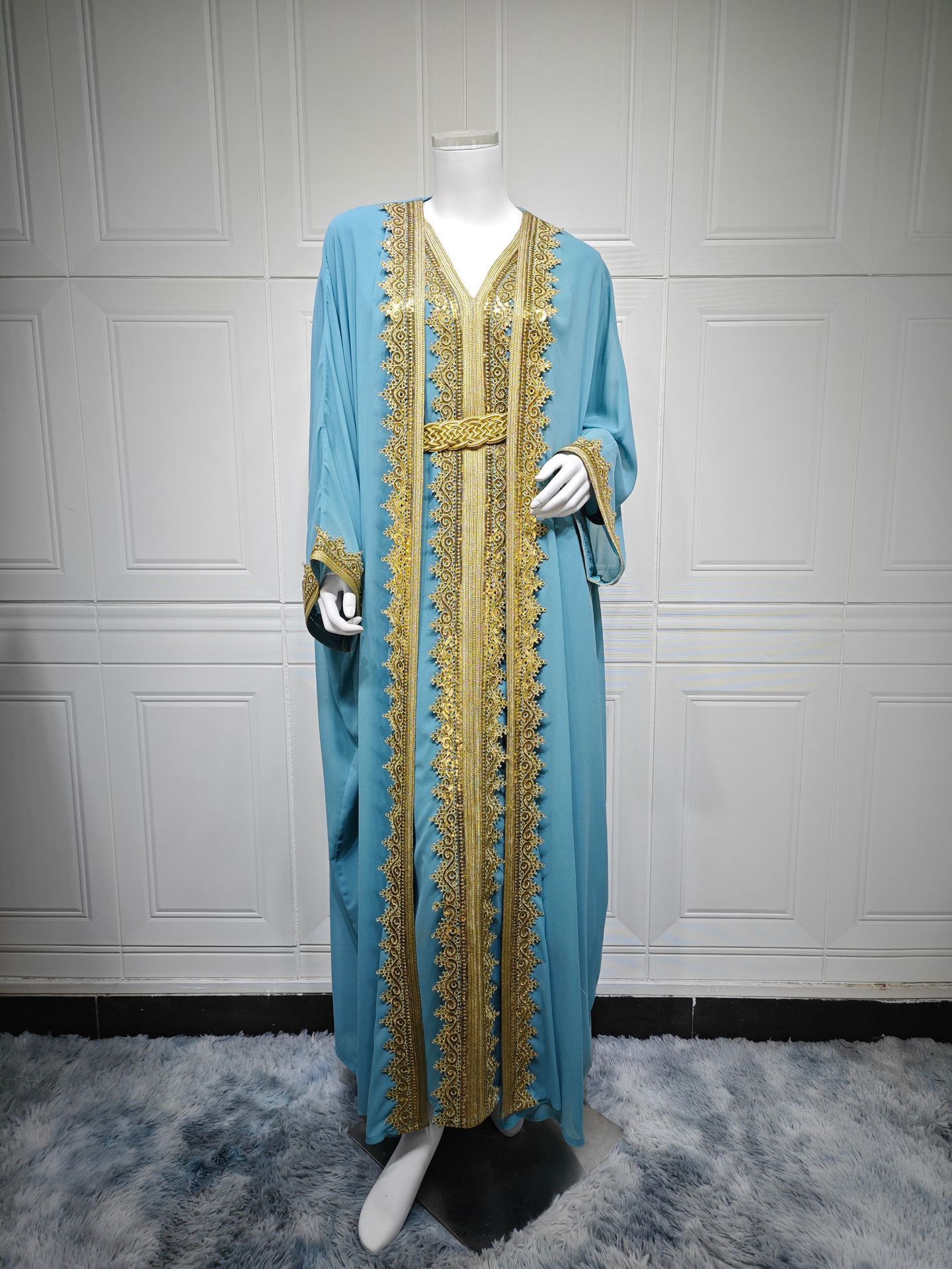 فستان إسلامي من الشيفون الأزرق السماوي مع حزام، مقاسات S-XXL