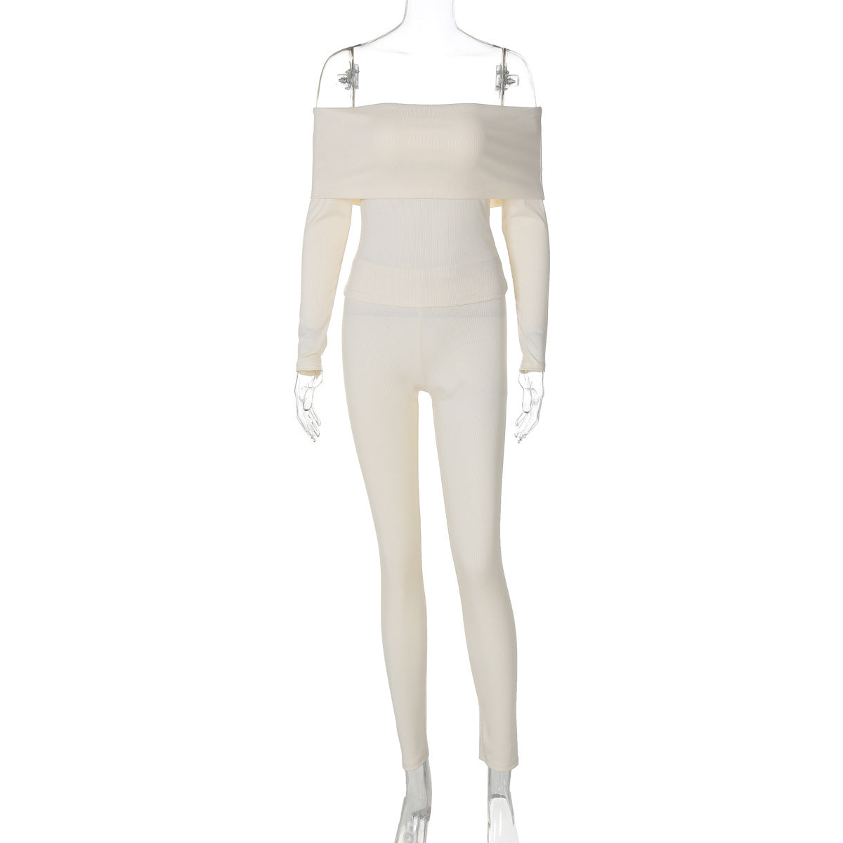 Rib Long Sleeve Off-shoulder Slim Trousers Two-piece Set