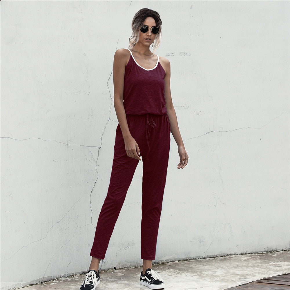 Summer Color Block Suspender Jumpsuit in Gray, Black & Army Green