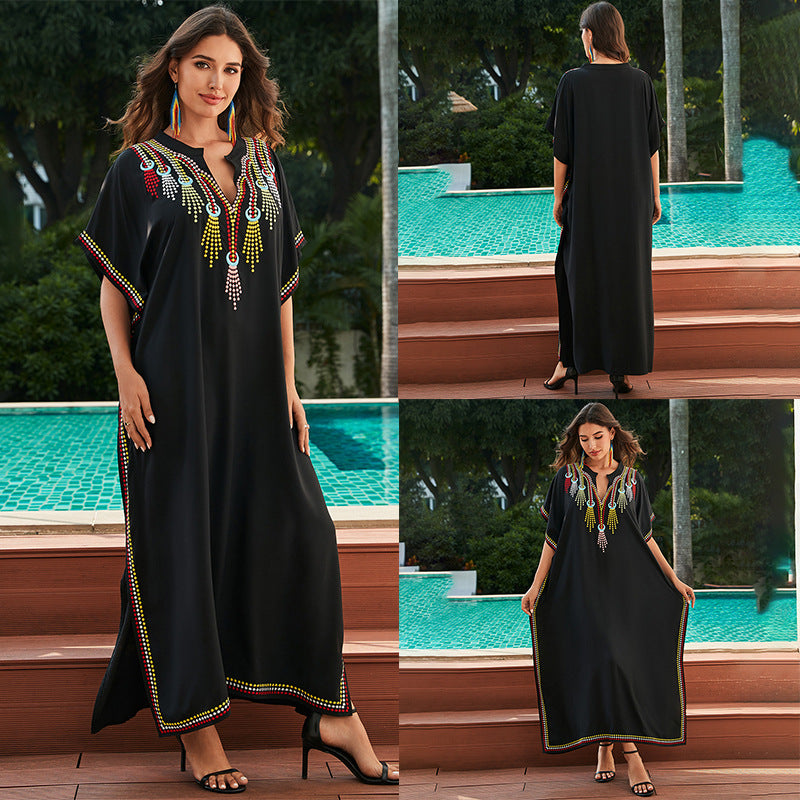 Women's Cotton Beach Cover-up Robe Style Loose Embroidery Abaya Dress