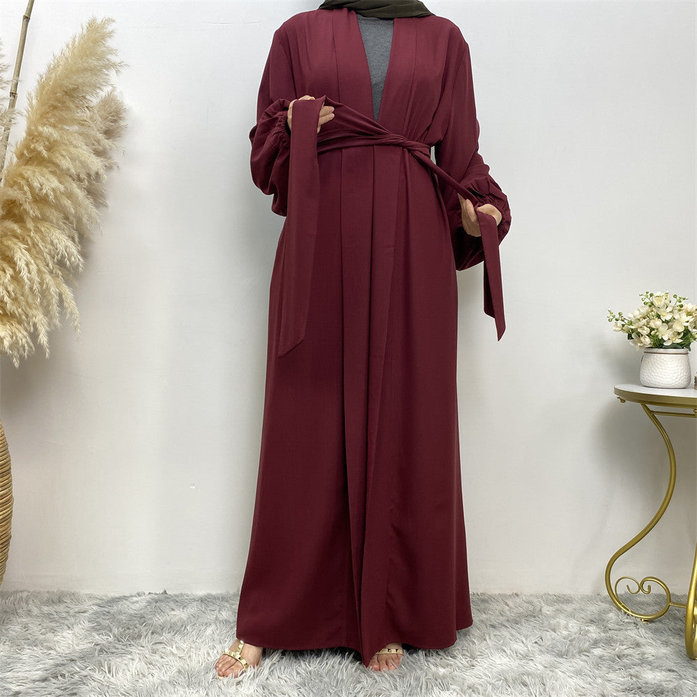 Lace-Up Cardigan Robe with Cuffs & Pockets for Middle Eastern Women