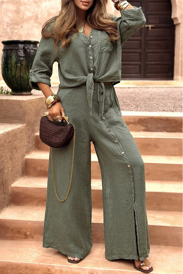 Lady Temperament Lapel Cardigan Solid Color Suit with Split Button