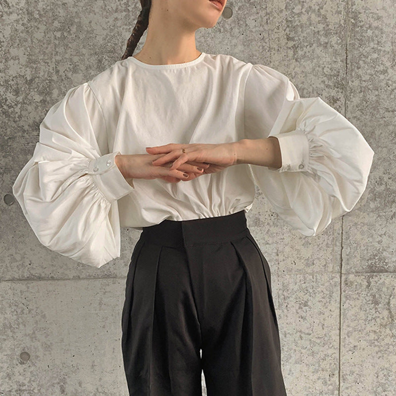 Women's Autumn Cotton Crew Neck Lantern Sleeve Shirt