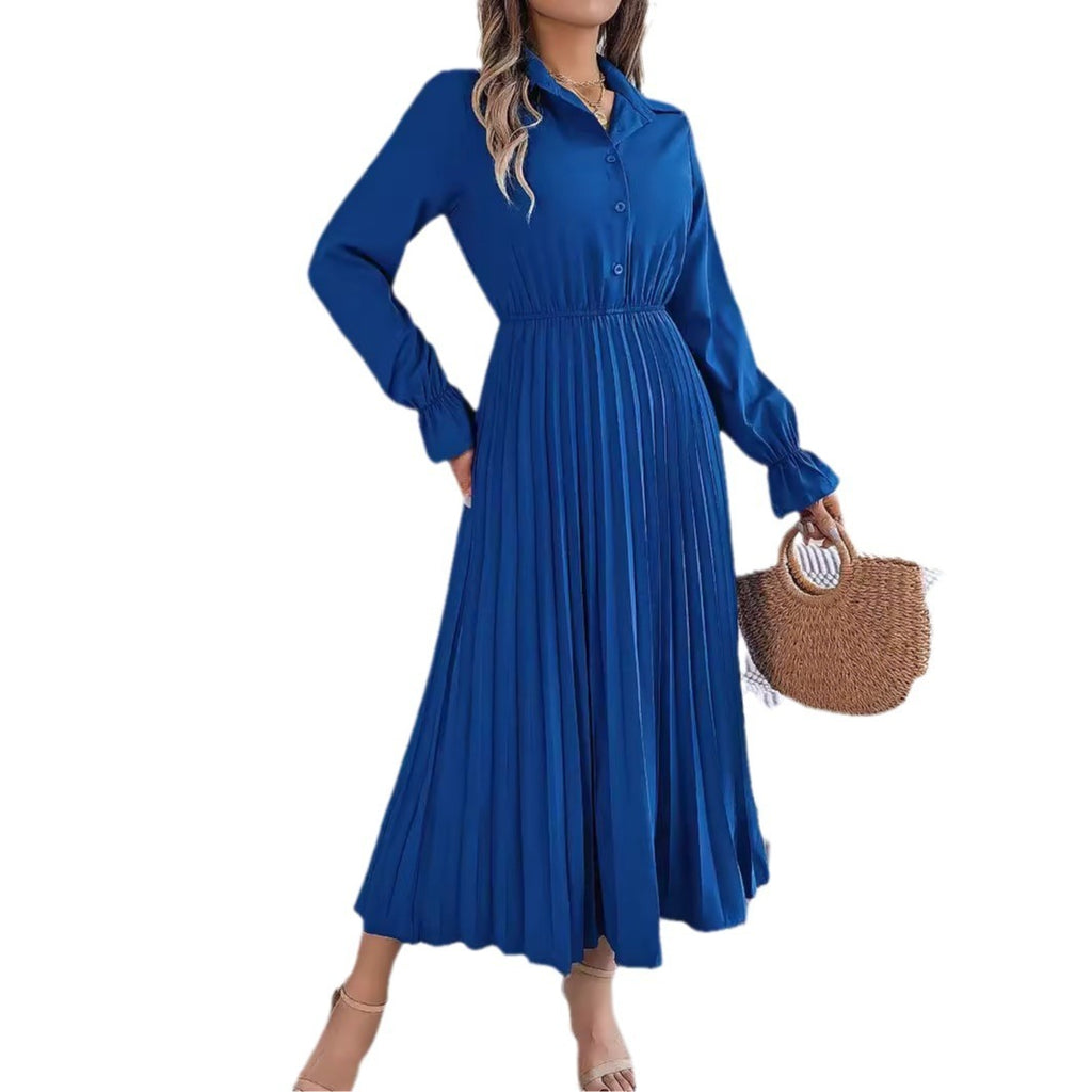Autumn & Spring Long Sleeve Pleated Dress with Lapel and Button