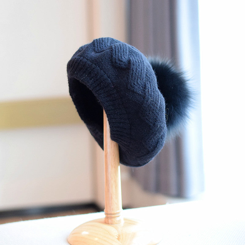 Bonnet en laine tricotée pour femme avec pompon en fourrure de renard, automne-hiver, taille M (56-58 cm)