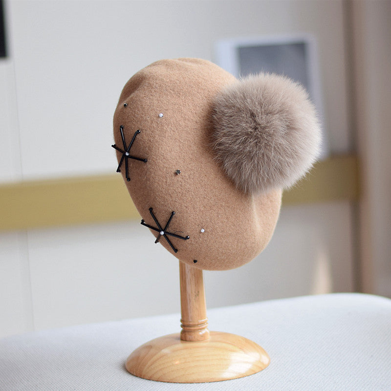 Women's Wool Dome Hat with Fox Fur Ball – Winter Warm M(56-58cm)