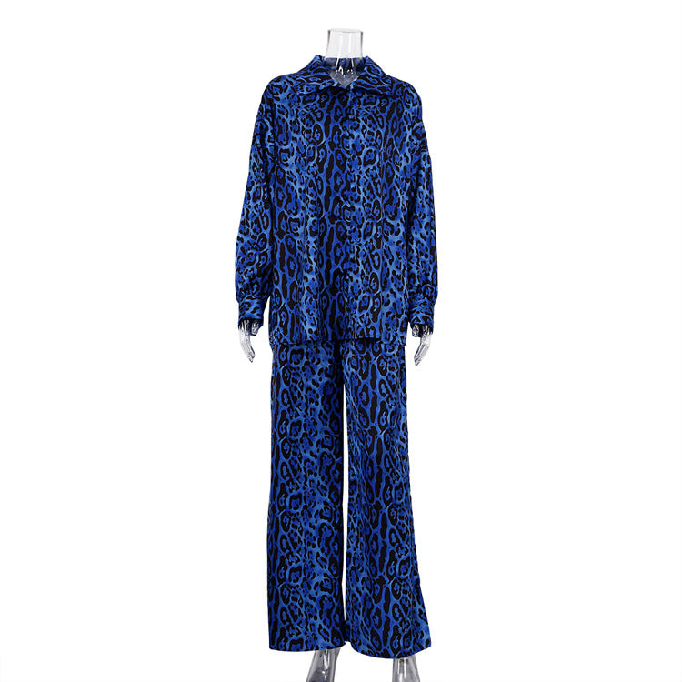 Ensemble deux pièces imprimé léopard à manches longues pour femme, bleu, S-XL