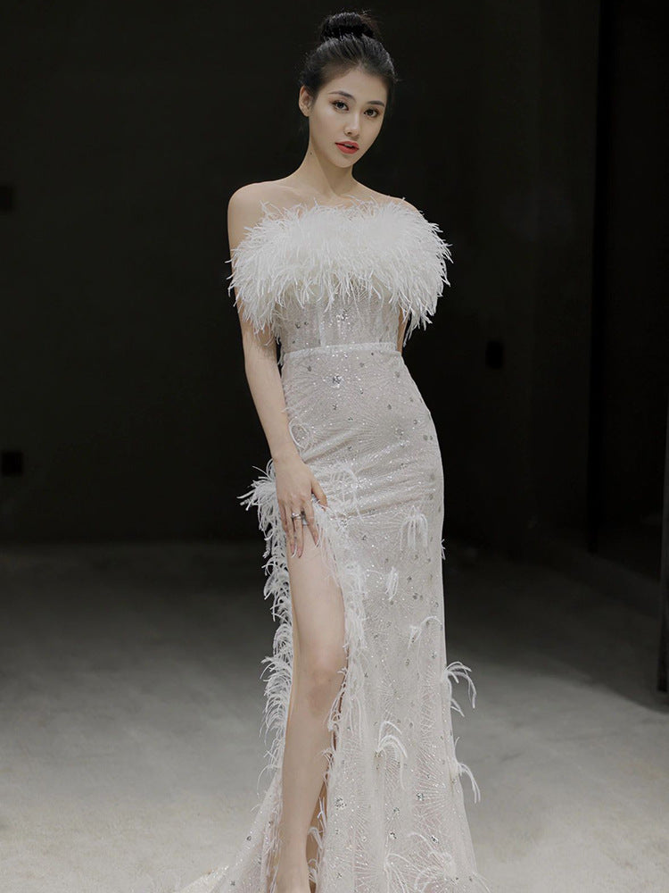 Women's Linen Feather Sleeveless Sexy Party Dress with Open Back