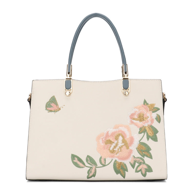 Butterfly Embroidered Large Capacity Leather Diana Bag