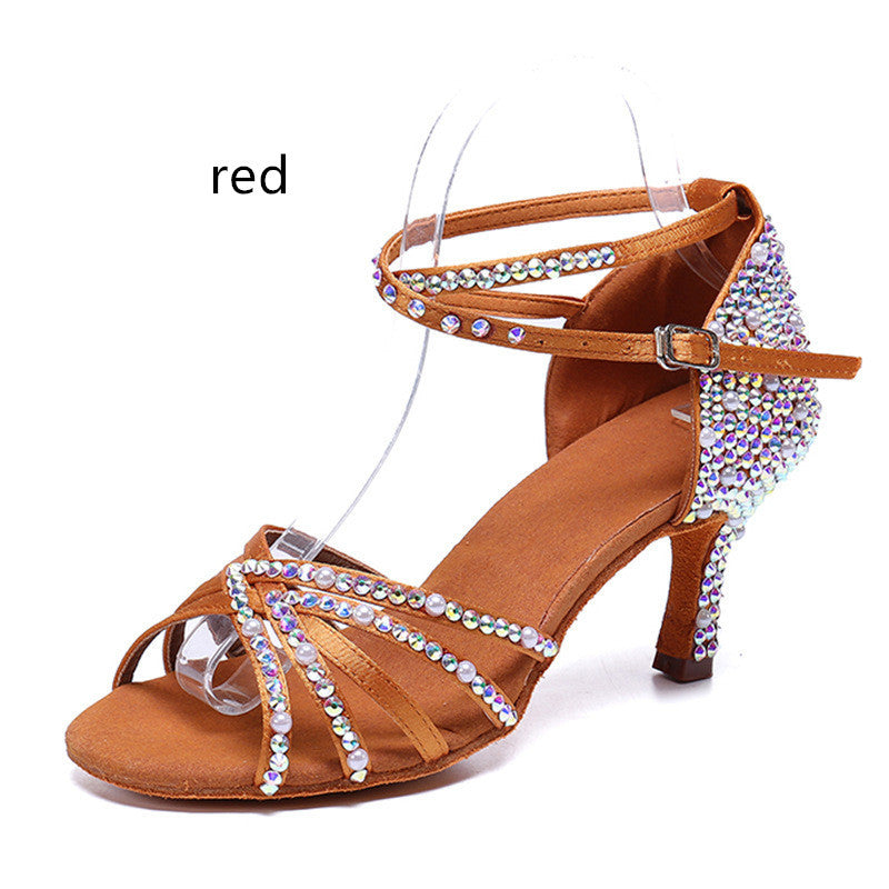 Women’s Rhinestone Pearl Satin Latin Dance Shoes High Heels