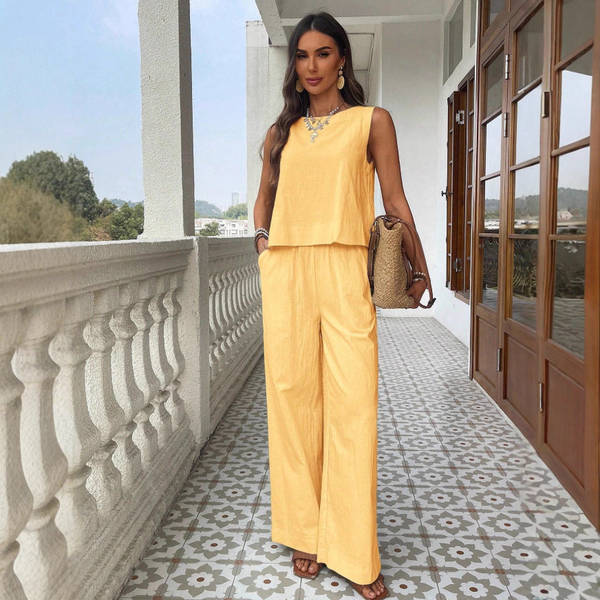 Cotton Linen Sleeveless Tank Top & High-Waisted Loose Straight-Leg Pants Set