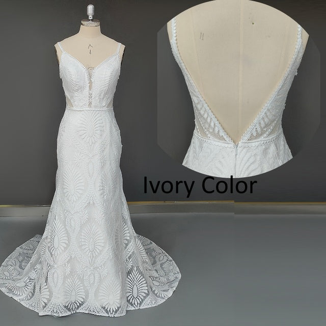 Bohemian V Neck Lace Backless Spaghetti Strap Beach Wedding Dress