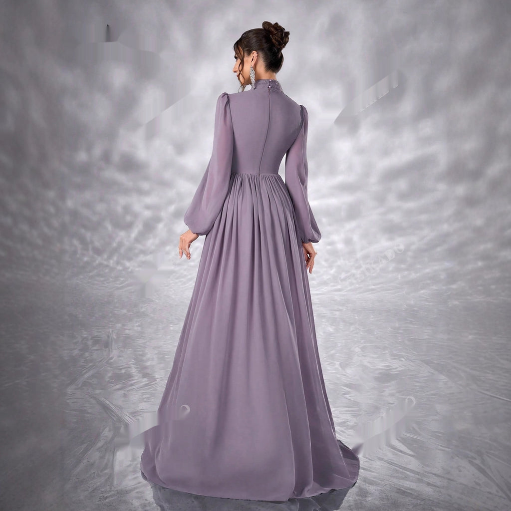 Élégante Robe Musulmane en Chiffon Floral à Manches Longues Bouffantes