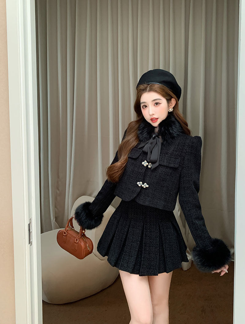 Ensemble tailleur jupe plissée taille haute et haut sans manches à col amovible en fourrure pour femme