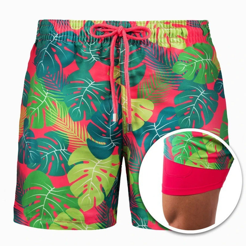 Men's Printed British Stripe Beach Shorts Double Layer Cotton Blend