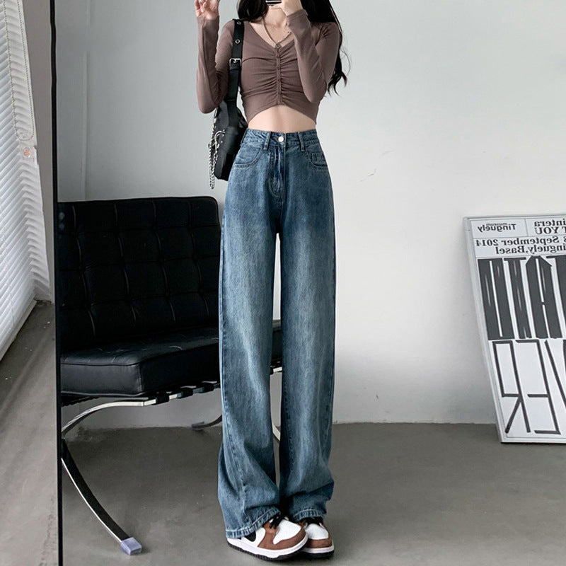 Draping Effect Wide Leg Jeans Women's High Waist Plus Size Mop Trousers