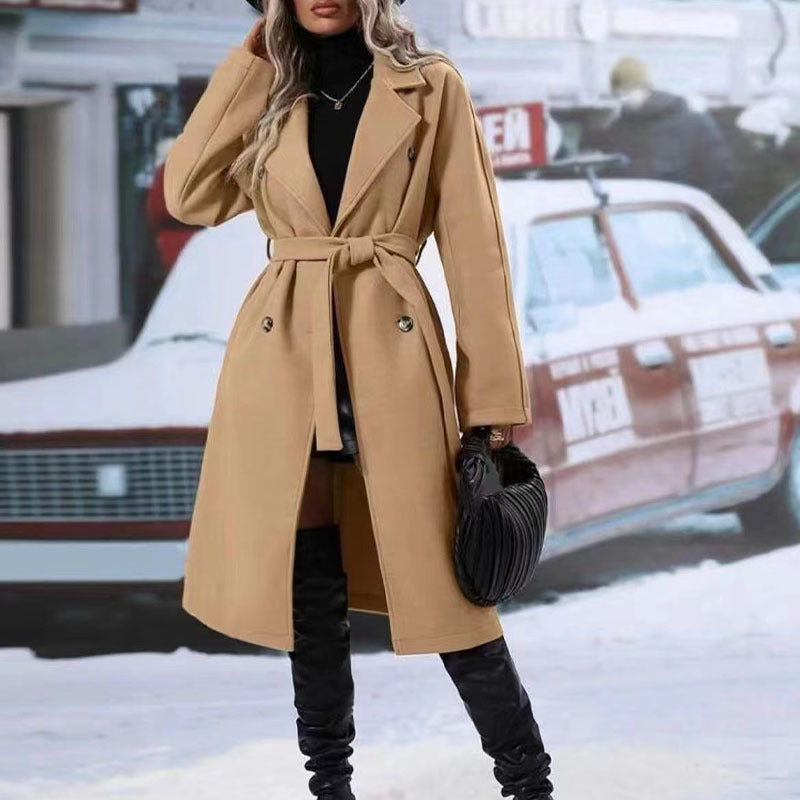 Manteau Trench long femme double boutonnage à revers et ceinture pour l'hiver