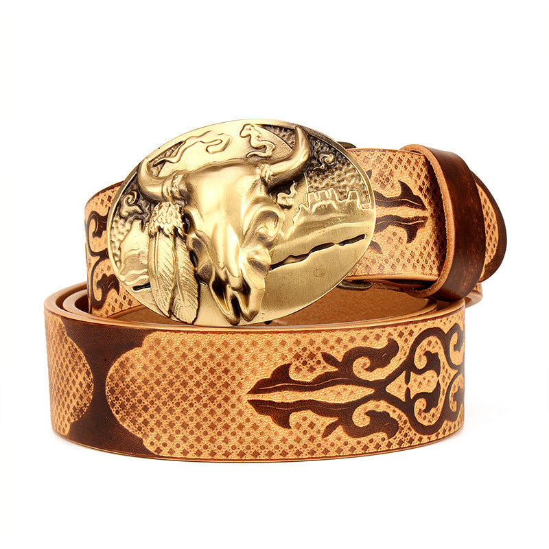 Men's Ethnic Leather Belt Oval Copper Buckle First Layer Cowhide