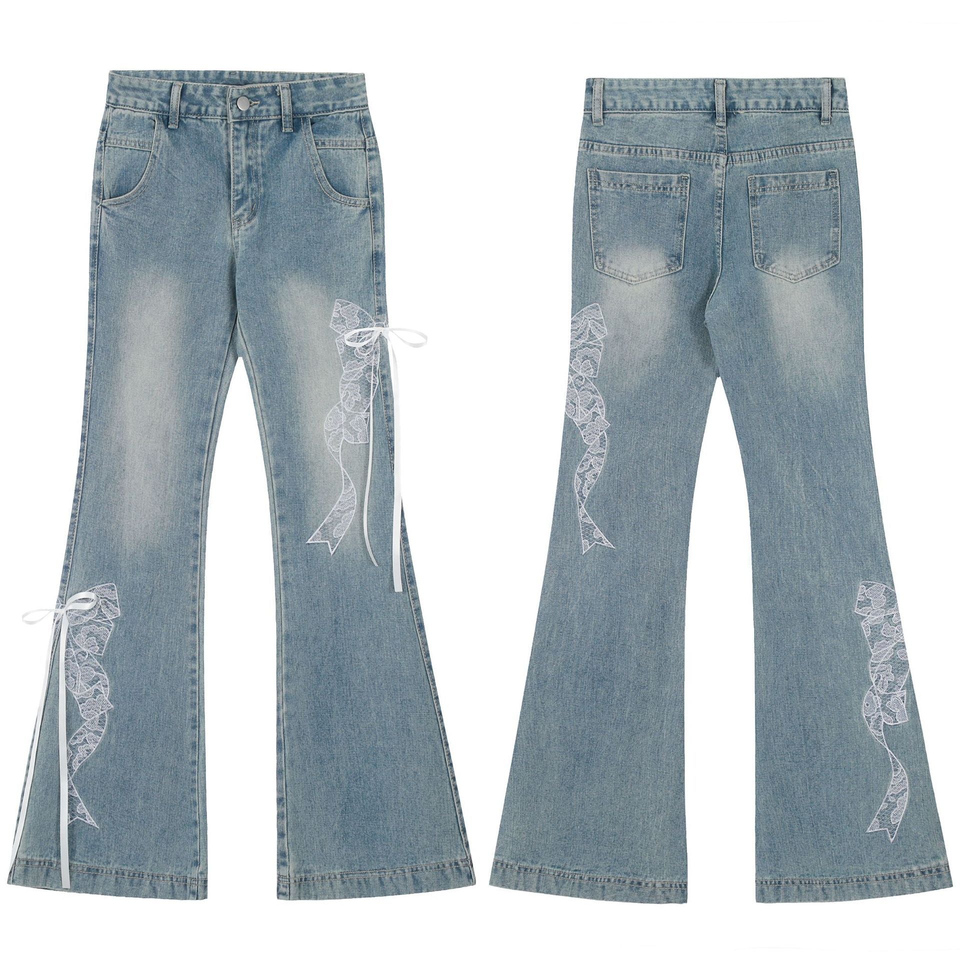 Jean en polyester bleu pour femme avec broderie papillon en dentelle