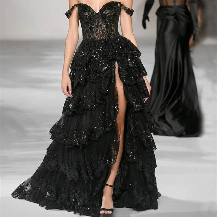 Black Satin Sleeveless Banquet Party Dress