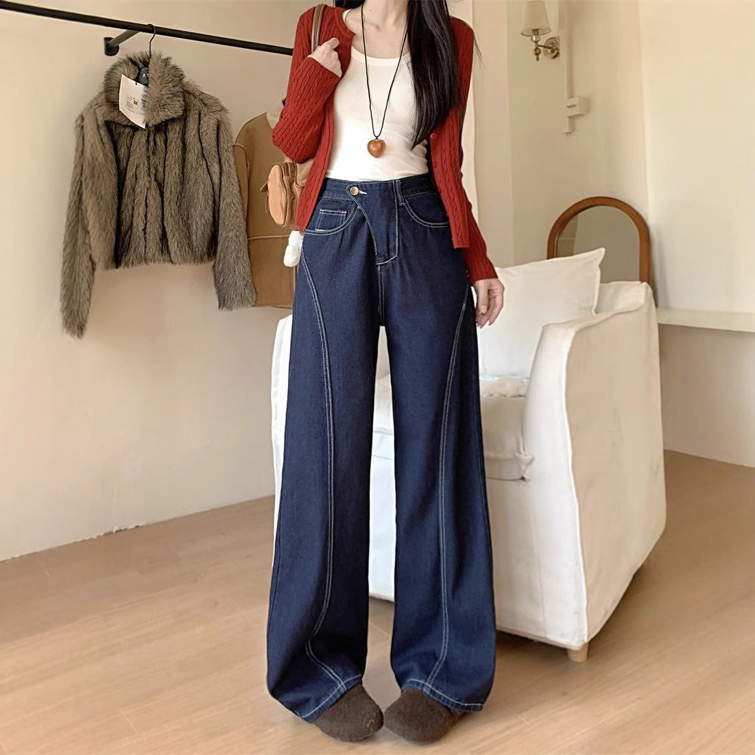 American Retro Dark Blue High Waist Wide Leg Jeans