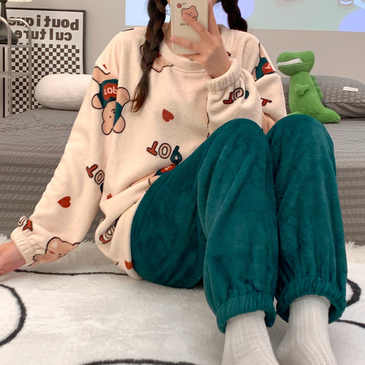 Cute Cartoon Flannel Warm Student Crew Neck Homewear Pajama Set