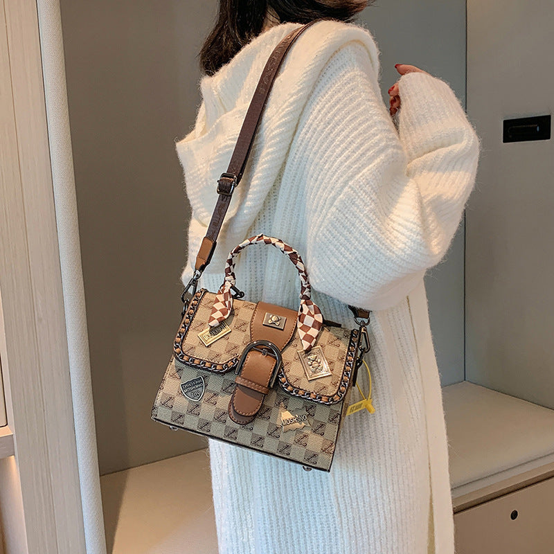 Women's Retro Printed Small Square Crossbody Bag in Khaki & Brown