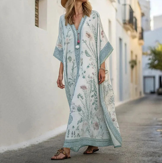 Linen Long Sleeve Arabian Kaftan Maxi Dress Vacation Style