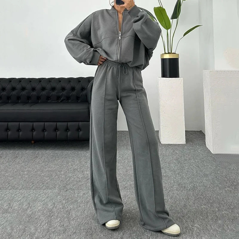 Solid Color Gray Polyester Zip Sweater & Casual Trousers Suit for Women