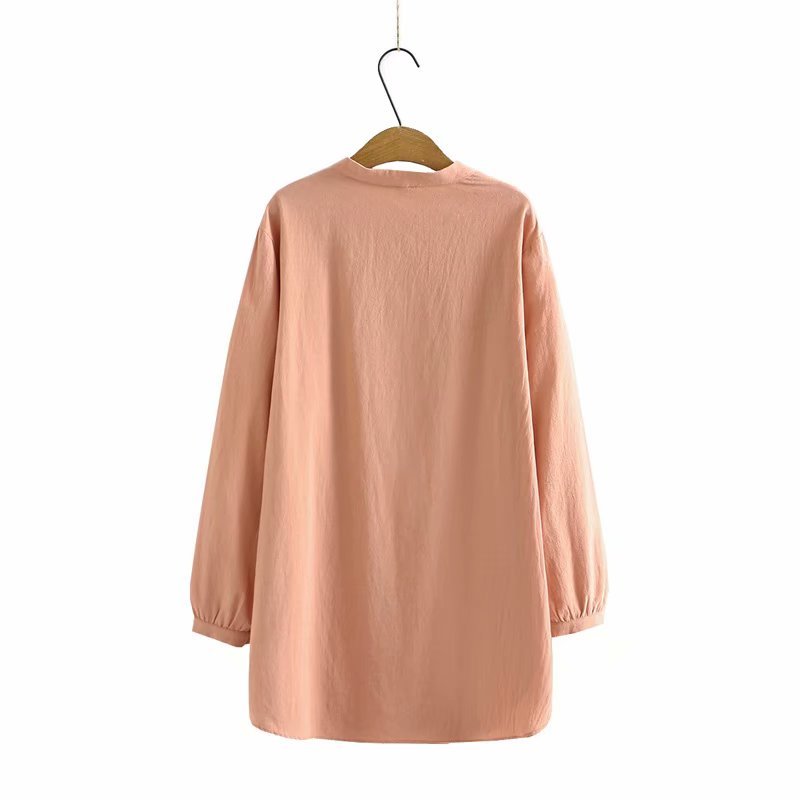 Women's Loose Long-Sleeve Cotton Embroidered Stand-Collar Shirt