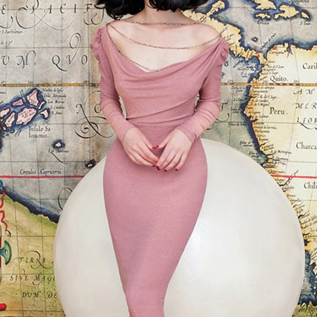 Ladies' Pink Pearl Collarbone Dress Mid Skirt S-XL Polyester