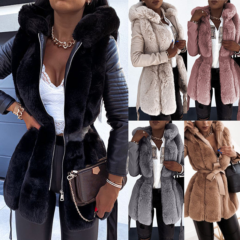 Women's Hooded Zipper Jacket with Fur Belt in Pink, Gray, Black, Brown