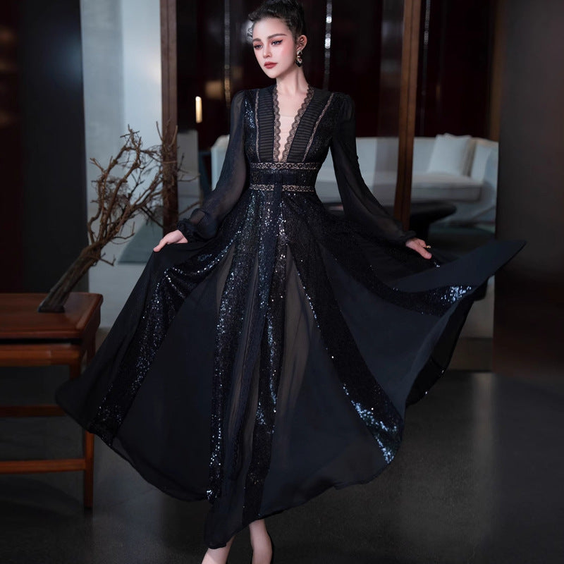 Robe de luxe arabe à col en V, manches longues et taille mi-haute avec grand ourlet