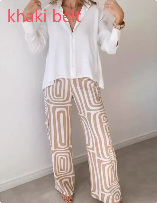 Ensemble chemise décontractée à manches longues et revers pour femme et pantalon ample imprimé
