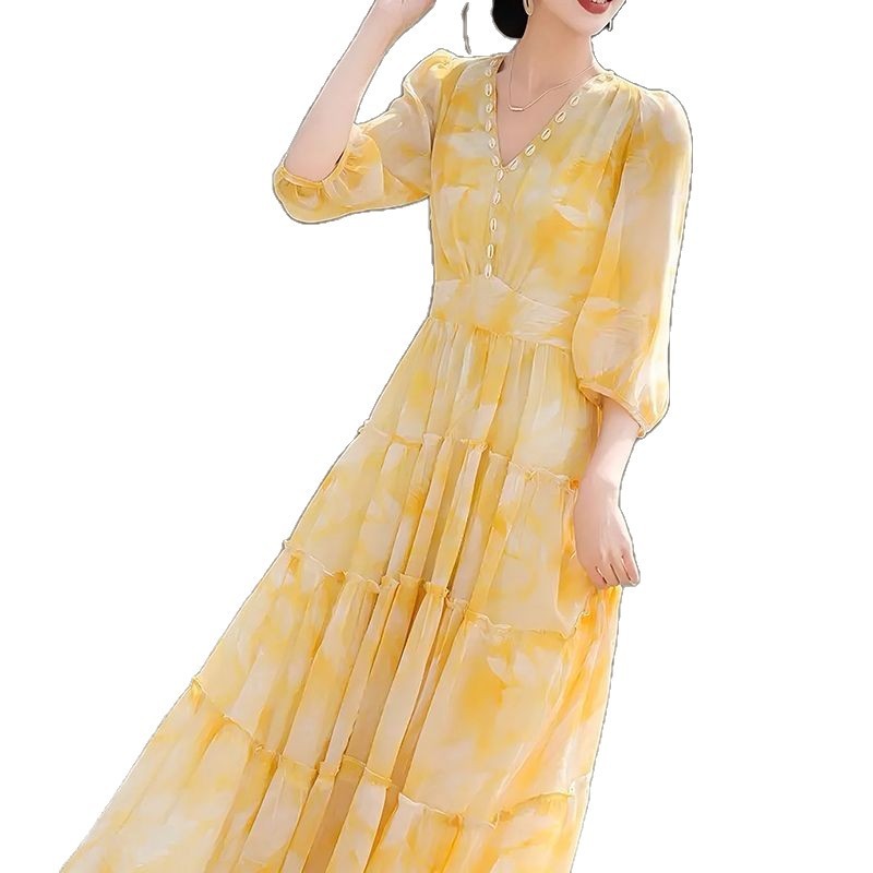 Yellow Temperament Youthful-looking Chiffon Design Skirt
