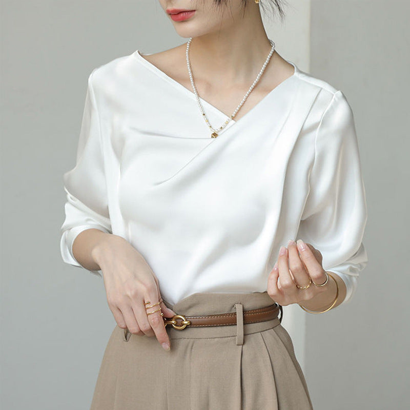 French White Satin Irregular Versatile Shirt Top