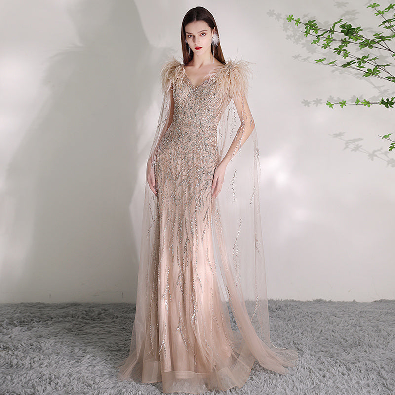 Summer Champagne Organza Deep V-Neck Dress with Zipper, XS-2XL